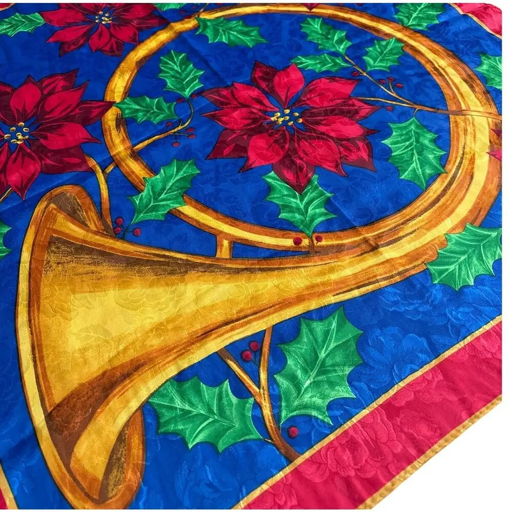 Vintage silky brocade Christmas scarf festive French Horn holiday motif 1980's